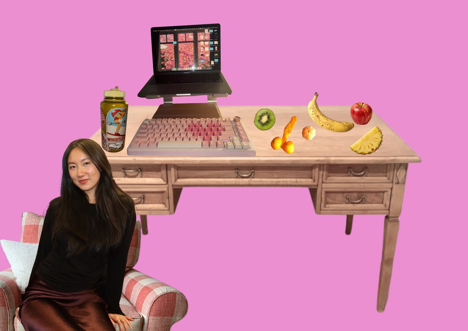 Illustration of Jiayi sitting beside a desk with a laptop, keyboard, water bottle, and pieces of fruit scattered on top.